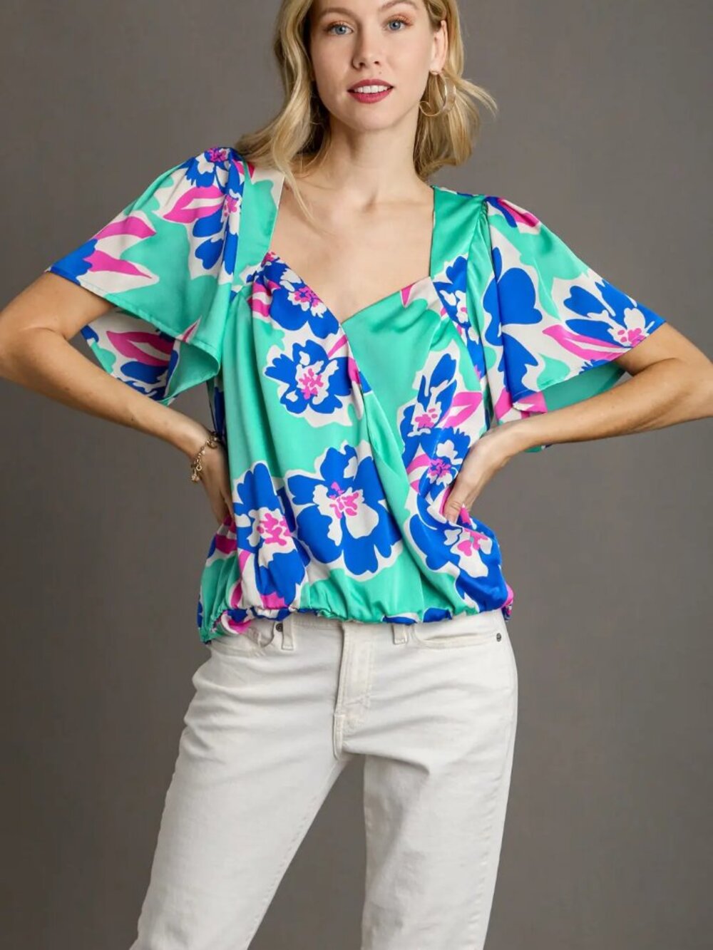 B30 Floral Print Surplice Short Sleeve Wrap Top in Emerald Mix NEW